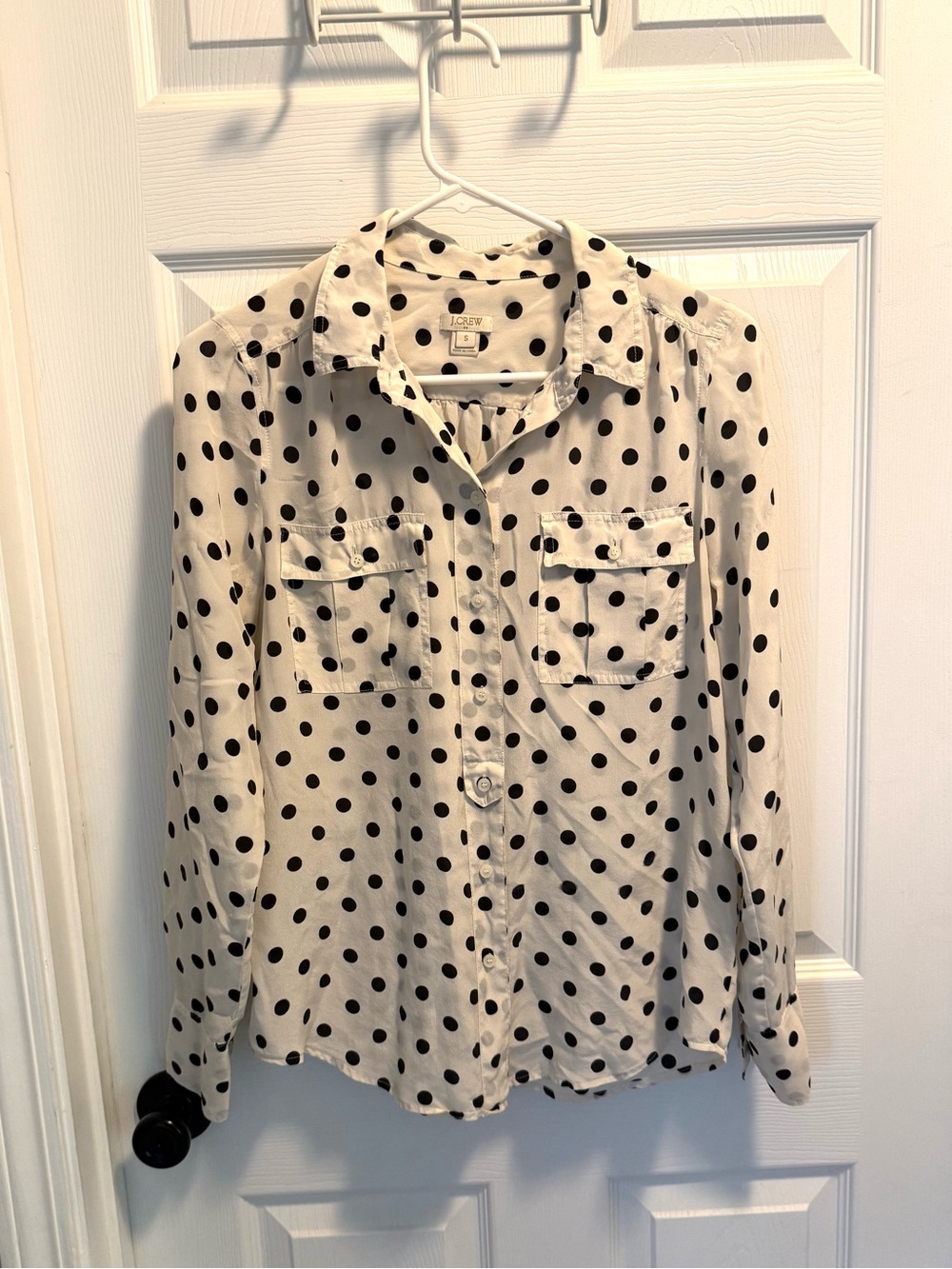 J. Crew White Button-Down Blouse with Black Polka Dots